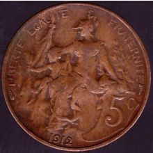 1912 France 5 Centimes Coin