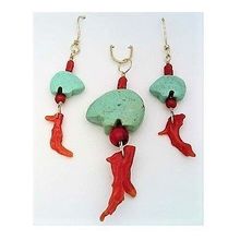 Turquoise Zuni Bear Gold Wire Wrap Gemstone Pendant Drop Earrings Set 25