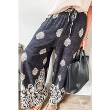 Black Bohemian Printed Drawstring Waist Wide Leg Pants