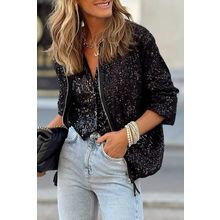 Black Sequin Zip up Round Neck Long Sleeve Jacket