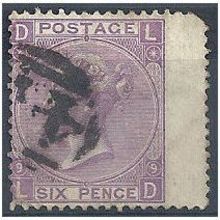 1870 SG109 6d Mauve Plate 9 Good Used Wing Margin Check Letters "LD".