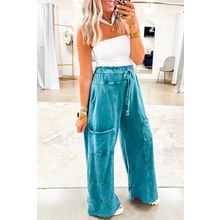 Lapis Mineral Wash Lace-up High Waist Raw Hem Patched Pocket Pants