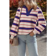 Blue Stripe Color Block Polo Pullover Sweatshirt