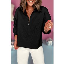 Black Solid Textured Half Zipper Collared Sweatshirt