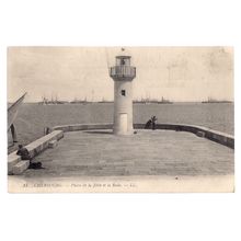 LIGHTHOUSE AND SHIPS, CHERBOURG, FRANCE. unused antique postcard =