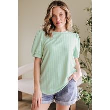 Mist Green Textured Round Neck Short Puff Sleeve Top