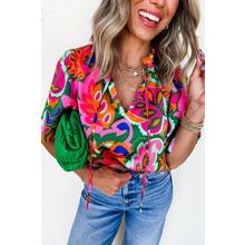 Rose Summer Plant Print Lace up V Neck Short Sleeve Blouse