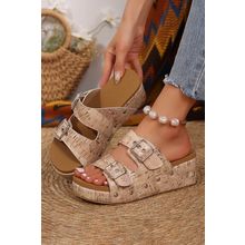 Pale Khaki Retro Buckle Studded Platform Slippers