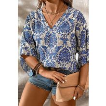 Blue Plus Size Ethnic Printed 3/4 Sleeve V Neck Loose Blouse