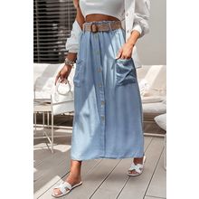 Beau Blue Buttoned Front High Waist Side Pockets Denim Maxi Skirt