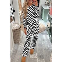 Black Checkered Print Long Sleeve Top and Pants Lounge Set