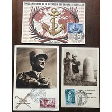3 postcards French army commemorative Coloniales Leclerc WW2 stamps 1947-1953
