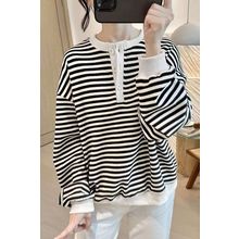 White Stripe Color Block Buttoned Crew Neck Oversized Sweatshirt