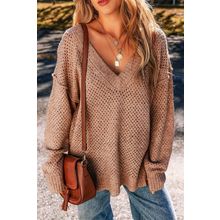 Dark Brown Loose Eyelet V Neck Drop Shoulder Sweater