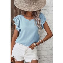 Mist Blue Solid Color Ruffled Short Sleeve Casual Blouse