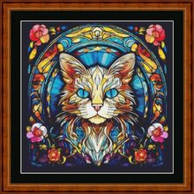 STAINED GLASS CAT CROSS STITCH CHART 14/18 COUNT FREE PP UK