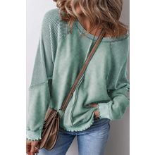 Mineral Blue Solid Waffle Knit Patchwork Raglan Sleeve Sweatshirt