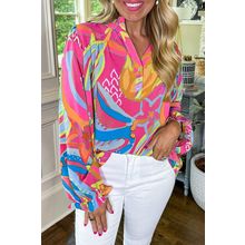 Pink Abstract Print Ruffled Sleeve Buttoned V Neck Blouse