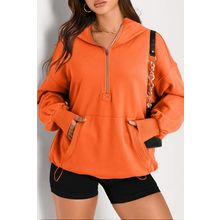 Orange Solid Kangaroo Pocket Half Zipper Oversized Hoodie