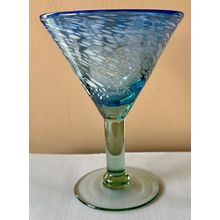 Martini Glass Blue & White w/Green stem & base Hand Blown #200