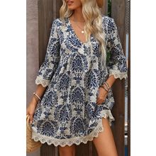 Sky Blue Vintage Printed Lace Trim V Neck 3/4 Sleeve Loose Dress