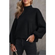 Black Turtleneck Drop Shoulder Bubble Sleeve Knit Sweater