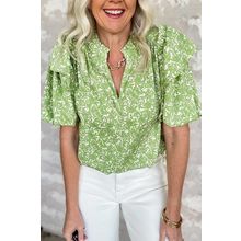 Light Green Floral Ruffle Puff Short Sleeve Frilled Collar V Neck Blouse