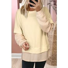 Apricot 2 in 1 Faux Two Piece Patchwork Round Neck Sweatshirt