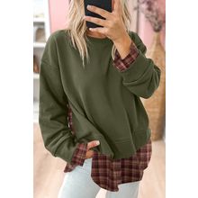 Moss Green Vintage Plaid Patchwork Drop Shoulder Sweatshirt