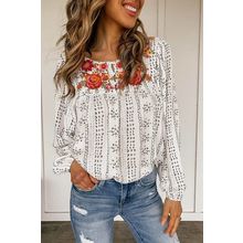 Beige Long Sleeve Embroidered Print Blouse