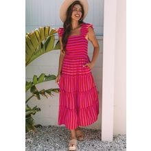Rose Stripe Flutter Sleeve Smocked Bodice Tiered Maxi Dress