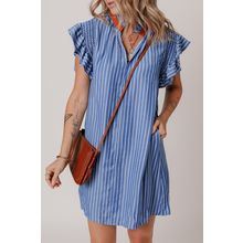 Sky Blue Stripe Frilly Split Neck Shirred Ruffle Sleeve Short Shift Dress