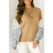 Camel Floral Striped Patchwork Ruffled Sleeve Crew Neck Sweatshirt