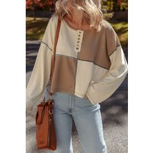 Beige Color Block Waffle Knit Stitch Detail Long Sleeve Top