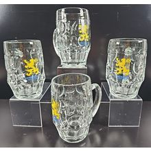 4 Lowenbrau Munchen Dimple Beer Mugs Set Clear Handled Barware Glass Germany Lot