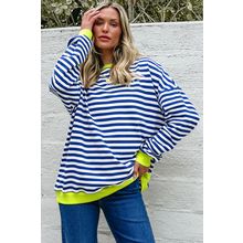 Sky Blue Stripe Striped Contrast Ribbed Trim Crossed Stitch Drop Shoulder Sweats