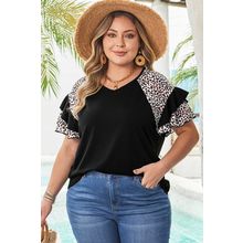 Black Leopard Ruffle Patchwork Sleeve Plus Size Summer Top
