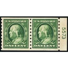 392, Used 1¢ Coil Pair With PL# 5573 Attached - RARE! * Stuart Katz