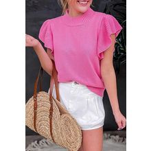 Bonbon Ribbed Mock Neck Ruffled Short Sleeve Sweater