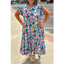 Blue Geometric Print Ruffled Short Sleeve Plus Size Tiered Maxi Dress