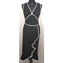 Moda International Black Frilled Wrap White Edging Vtg Dress Size 8 - 10 UK