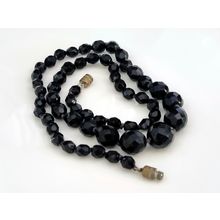 Vintage Black Glass Necklace, Faceted Bead | 1950s Graduated | Barrel Clasp |
