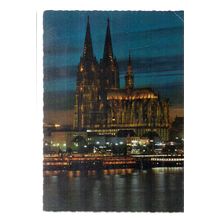 CATHEDRAL AT NIGHT , KOLN AM RHEIN, GERMANY unused vintage postcard =