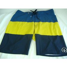 New Mens 28 VOLCOM 4 Way Stretch Board Shorts Yellow Navy Stripe $55