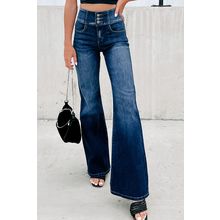 Blue Buttons Elastic Wide Waistband Back Flare Jeans