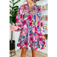 Multicolour Floral Tie Neck Bubble Sleeve Shift Dress