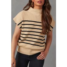 Parchment Striped Ribbed Knit High Neck Sweater