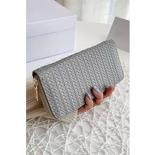Medium Grey Woven Textured Zip Around Long Wallet