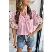 Pink Floral Embroidered Puff Sleeve Split Neck Blouse