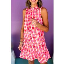 Pink Abstract Print Frilly Neck Sleeveless Mini Dress